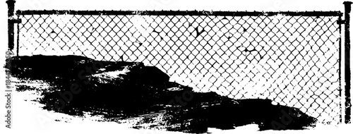 Black and white stencil illustration of welded metal mesh fence with grunge texture
