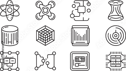 Science and technology icons with atom drone circuit board and data visualization outlines