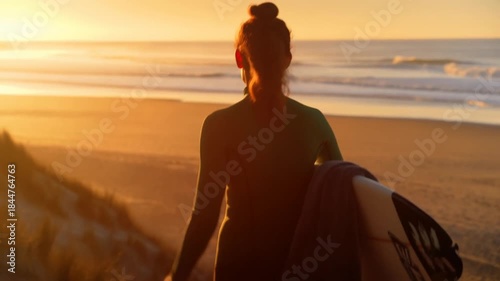 Active Young Woman Surfer Carrying Surfboard Walking on Tropical Beach at Sunset During Golden Hour Summer Vacation Healthy Lifestyle Concept
