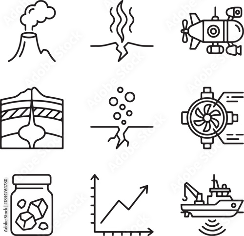 Set of geological and scientific research line icons, natural phenomena, earth exploration
