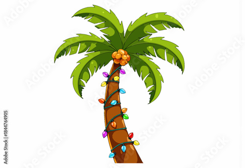 Illustration of a tropical palm tree festively decorated with colorful holiday lights, creating a vibrant and merry atmosphere against a bright background