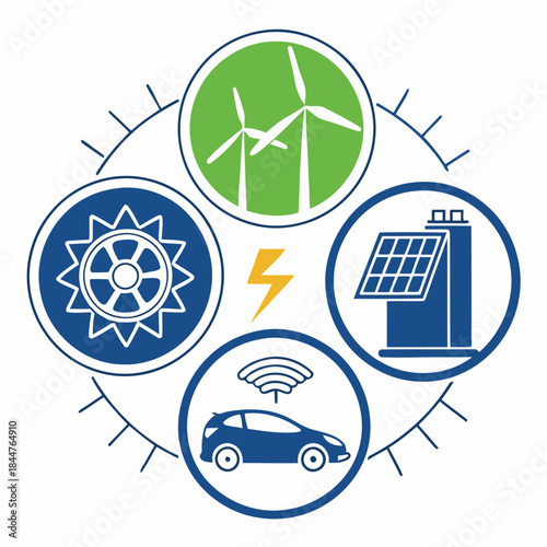 Smart energy ecosystem illustration with renewable sources and connected technology