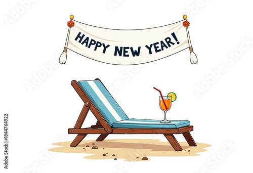 Festive New Year Celebration Illustration with Beach Lounger and Refreshing Tropical Drink under Decorative Sign