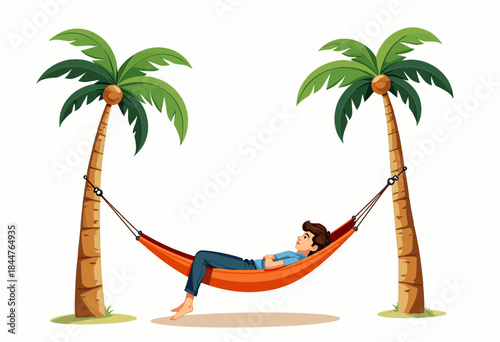 Illustration of a Relaxed Person Lying in a Hammock Hung Between Two Palm Trees on a Sunny Day, Emphasizing Leisure and Tranquility in a Tropical Setting
