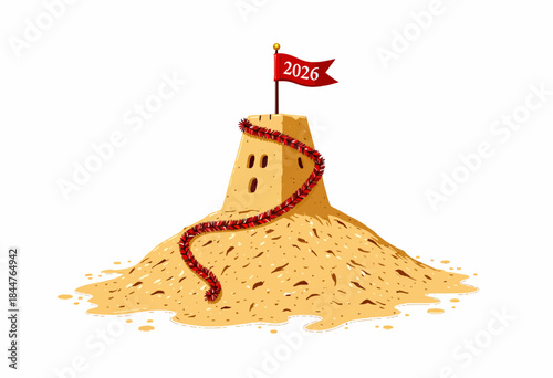 Intricately Crafted Sandcastle Featuring Tall Tower and Draped Flag with 2026 Embossed, Symbolizing Future Aspirations and Creative Imagination