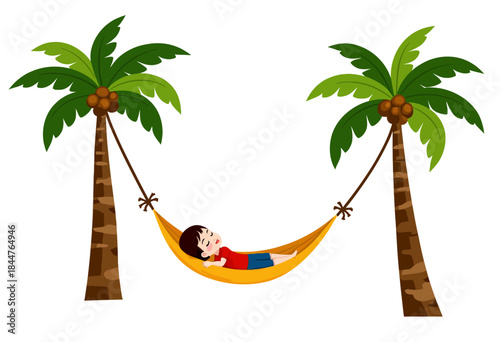 Illustration of a Child Relaxing Peacefully on a Cozy Hammock Between Two Tropical Palm Trees in a Serene and Tranquil Setting