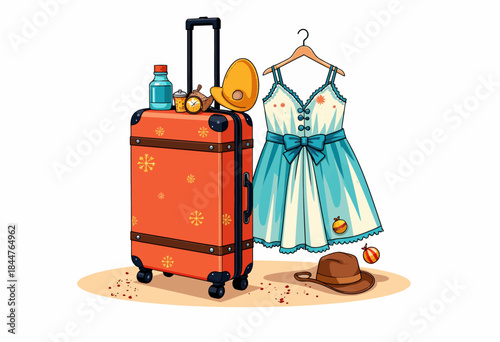 Illustration of Travel Essentials Featuring a Vintage Luggage with Beachwear Accessories Including Sunhat, Dress, Watch, and Refreshments for a Summer Getaway
