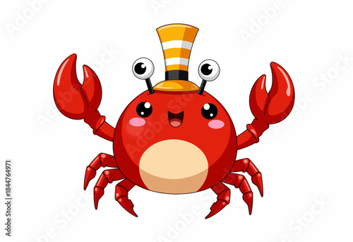 Cheerful Cartoon Crab with Playful Expression and Festive Top Hat in Vibrant Colors Celebrating with Joy