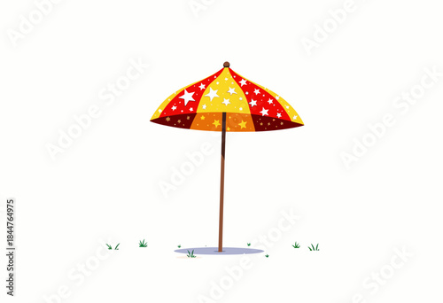 Colorful Beach Umbrella with Star Pattern Standing Alone on Sandy Ground with Simple Art Style and Bright Colors
