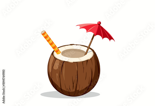 Illustration of a Refreshing Coconut Drink with Decorative Umbrella and Vibrant Straw on a White Background