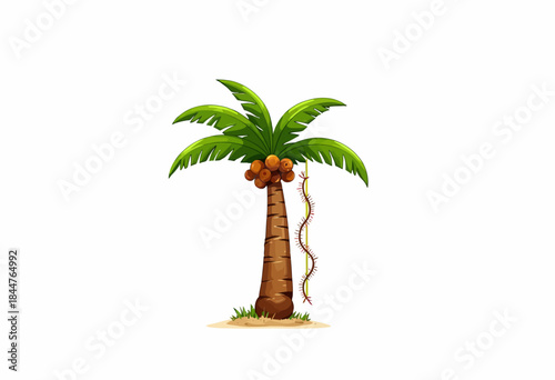 Vibrant illustration of a solitary palm tree with lush green fronds and a climbing vine, conveying a tropical atmosphere and serene natural beauty