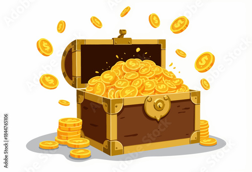 Overflowing Treasure Chest Filled with Glimmering Gold Coins, Evoking Adventure and Wealth in a Classic Wooden Container with Antique Details