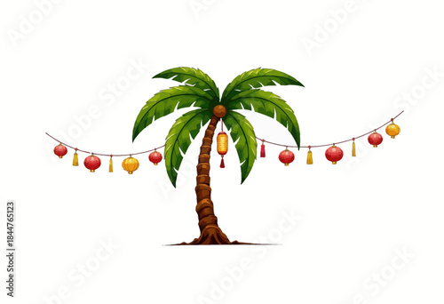 Vibrant Illustration of a Palm Tree Decorated with Colorful Hanging Lanterns for a Festive Celebration Against a Clear Blue Sky