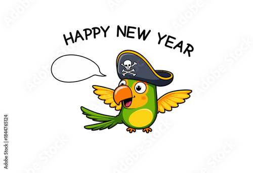 Colorful cartoon parrot wearing a pirate hat joyfully exclaims 'Happy New Year' with speech bubble above, conveying festive and playful celebration theme.