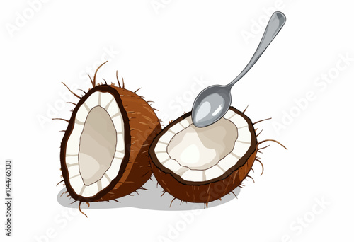 An Illustrative Depiction of a Halved Brown Coconut with Spoon on White Background Showcasing its Creamy White Edible Interior and Rough Husk Surface