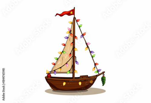 Illustration of a festive wooden sailboat decorated with colorful string lights and a red flag, portraying a whimsical holiday theme on a nautical craft