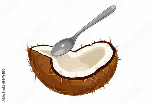 Half of a brown coconut with a metal spoon illustrating tropical fruit freshness and organic nutrition against a blank backdrop