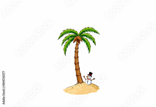 A whimsical snowman in a top hat cheerfully poses beside a sunlit, tropical palm tree on a small sandy island under a bright blue sky