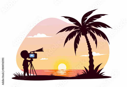 Silhouette of a Person Filming a Tropical Sunset with a Vintage Camera on a Beach with Palm Trees and a Calm Ocean under a Colorful Sky