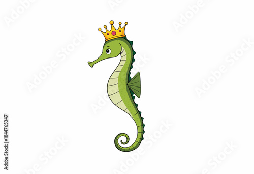 Illustration of a Green Seahorse with a Crown Showcasing a Whimsical Oceanic Fantasy Theme