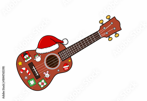 Illustration of a festive ukulele adorned with colorful holiday stickers and a Santa hat, showcasing a cheerful seasonal musical theme on a white background