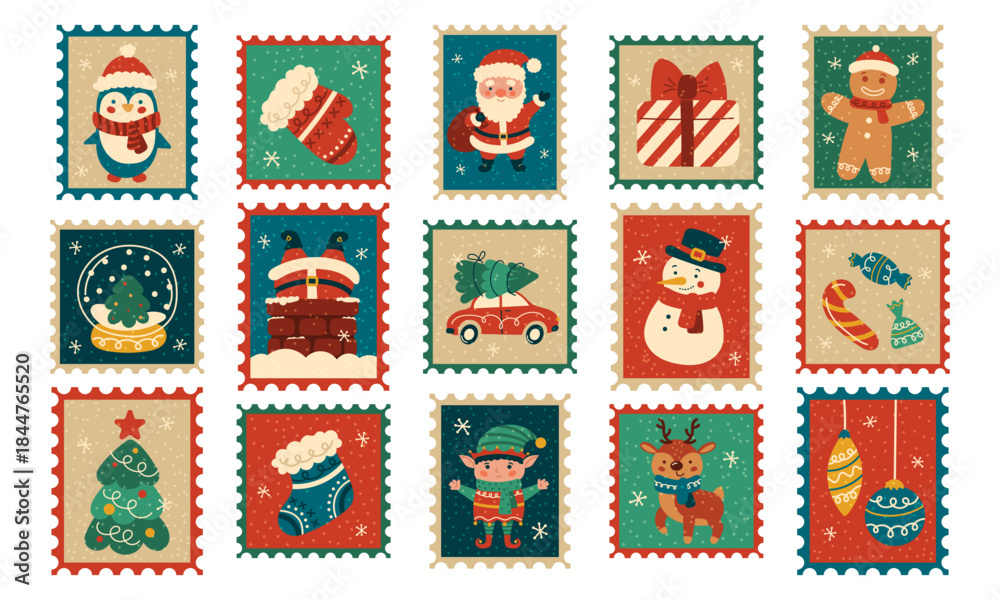 Fototapeta premium Set of New Year and Christmas postage stamps. Stickers for gift decoration. Santa Claus and a snowman, a Christmas tree, a penguin, and a deer. Vector illustration.
