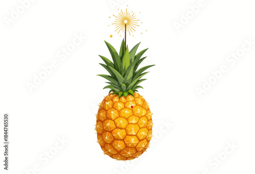 Vibrant Illustration of a Fresh Pineapple with Lush Green Leaves and Artistic Sparkle on a Minimalistic White Background