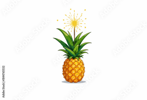 Illustration of a Vibrant Pineapple with a Sparkling Firework Display Above Verdant Green Leaves on a Clean White Background