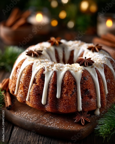 Christmas cookies on a wooden table.Professional photograph of a gingerbread ring cake decorated with white icing and star anise on top, placed on a dark wooden table.