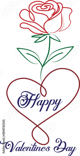  Line art of a rose growing from a heart shaped.