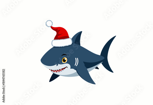 Festively Adorned Cartoon Shark With a Red Santa Hat, Smiling Cheerfully Against a Minimalist White Background, Celebrating the Holiday Season Under the Sea