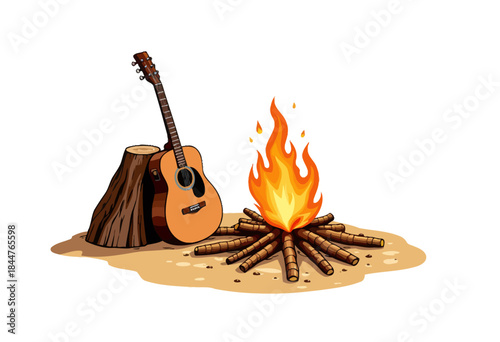Serene Outdoor Setting with Acoustic Guitar Resting Against Stump Beside Flickering Campfire, Symbolizing Music, Relaxation, and Nature's Warm Embrace
