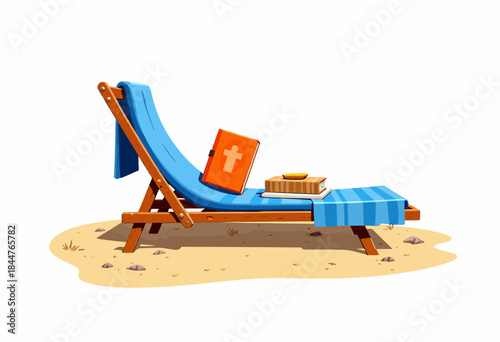 Wooden Beach Lounger with Blue Cushion and Stack of Books on Sandy Shore Under Sunny Sky Ideal for Relaxation and Reading