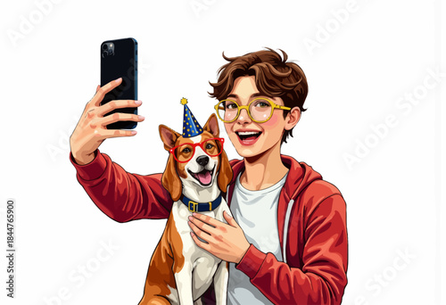Joyful person in red hoodie taking a selfie with adorable dog wearing party hat and glasses, capturing a fun moment of celebration and friendship