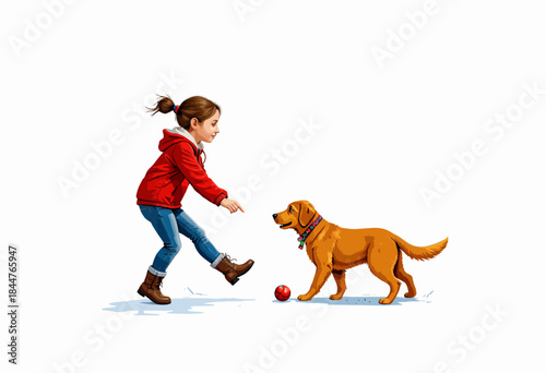 Young Girl in Red Jacket Playfully Engages with Golden Dog in Mid-Action Chase Over a Bright Ball on a Crisp Day