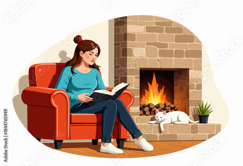 Cozy Home Scene with Woman Reading in Armchair by a Warm Fireplace, with a Relaxed Cat Sleeping and a Potted Plant Adding a Touch of Nature and Tranquility