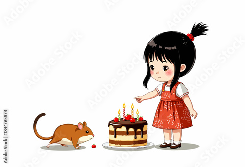 Cute Little Girl Celebrates Birthday with Chocolate Cake and Adorable Pet Mouse in a Charming Cartoon Illustration