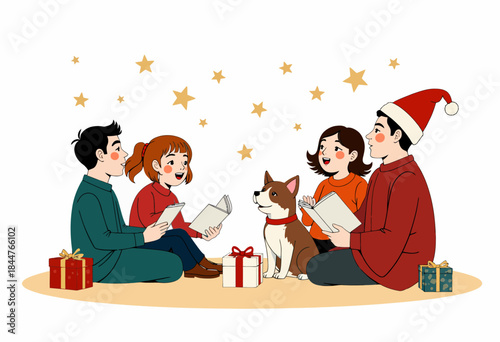 A Joyful Family Gathering with Pet Dog Sharing Stories Together on a Festive Night Surrounded by Gift Boxes Under a Starry Sky