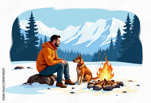 Man in Orange Jacket Sits Beside a Campfire with a Dog in Snowy Mountainous Forest Landscape on a Clear Day