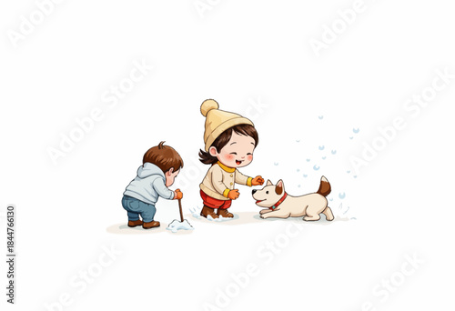 Children playing joyfully in the snow with a happy dog, capturing the essence of winter fun and youthful exuberance under a clear, crisp sky