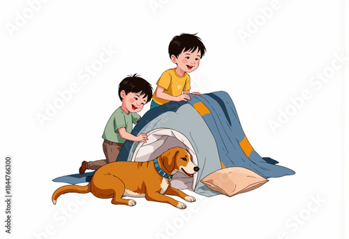 Playful Children Building an Indoor Tent Fort with a Loyal Dog Companion by Their Side in a Cozy Home Setting