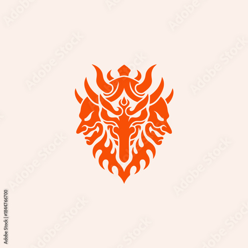 Intricate Orange Oni Mask Symbol with Multiple Faces.