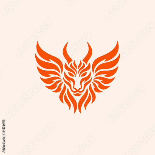 Majestic Winged Creature Logo Design with Horns and Feline Features.