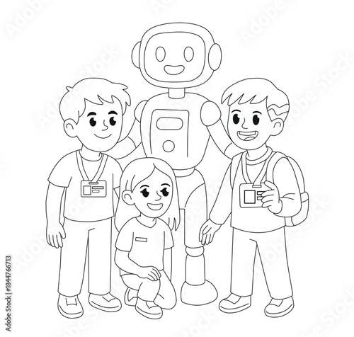 Black and white coloring page showing people with badges and a robot at a robotics and technology exhibition. Line art illustration for expo notebooks, planners, corporate printing and modern tech eve