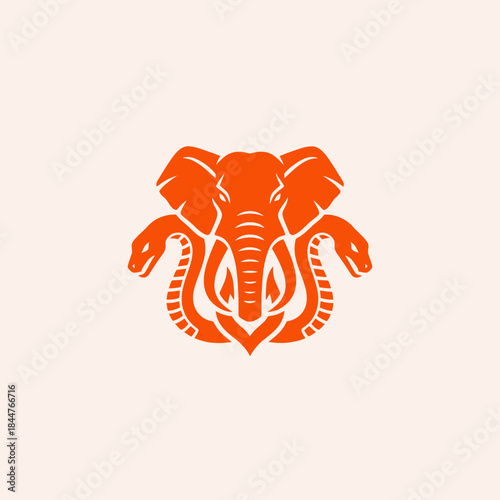 Mythical Elephant Head with Serpent Bodies Emblematic Design.