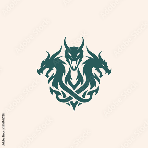 Mythical Three Headed Dragon Emblem Symbol.