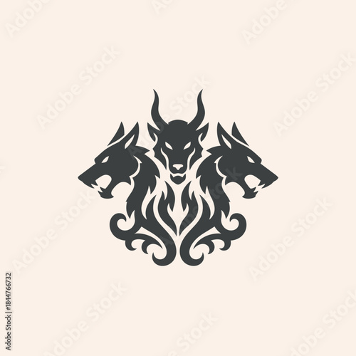 Mythological Three Headed Dog Creature Silhouette.
