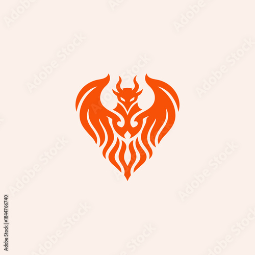 Orange mythical creature with wings and horns logo.