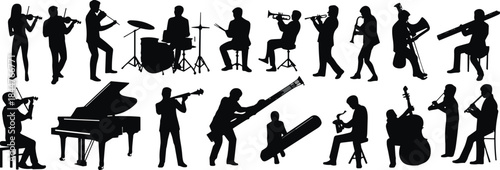 Set of musical ensemble silhouettes, orchestra instruments, grand piano, drum, violin, saxophone, bass, trumpet, and professional musician band vector illustration.