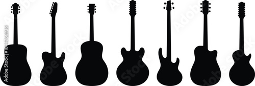 Set of guitar silhouettes, including acoustic and electric musical instruments, band equipment, concert, music, song, rock, and sound symbol vector illustration.